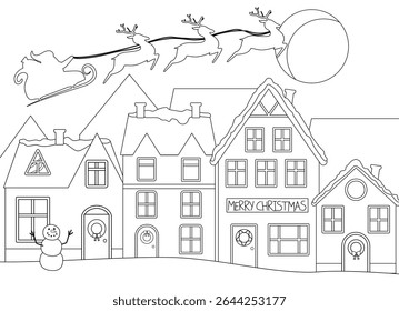 coloring page with houses over which Santa Claus flies in a sleigh with reindeer. Christmas coloring page
