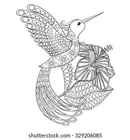 Coloring page with Hummingbird with hibiskus, zentangle illustartion for adult Coloring books or tattoos with high details isolated on white background. Vector monochrome sketch.