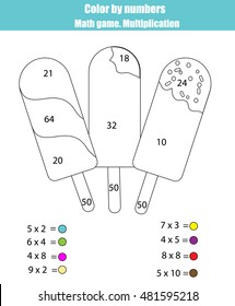 Coloring page with ice cream popsicles. Color by numbers math counting children educational game. For school years kids. Learning mathematics, algebra, multiplication