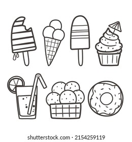 Coloring page with ice cream, soda pop and doughnut on white background. Summer time black and white contour vector illustration for a coloring book.