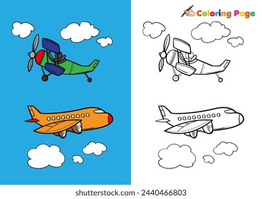 coloring page illustration of airplanes, 2 types of airplanes flying in the sky, accompanied by examples of colored illustrations, ready to be colored and printed, help children develop their talent