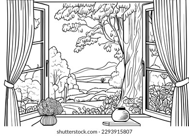 A coloring page illustration of a cozy window with curtains looking out onto a small garden, featuring plants, trees, and a peaceful atmosphere.