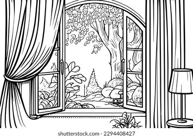 A coloring page illustration of a cozy window with curtains looking out onto a small garden, featuring plants, trees, and a peaceful atmosphere.