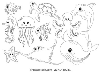 Página de coloreado con la ilustración lindos animales de mar felices para elementos de diseño sobre fondo blanco. Delfín, ballena, pulpo, medusas, estingray, pez estrella, caballito de mar, tortuga, algas, bombillas, pez globo