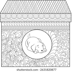 Coloring Page Illustration of Dog House with Sleeping Puppy, Black and white outline drawing of a decorative dog house featuring various patterns (geometric, swirls, stars) with a cute puppy