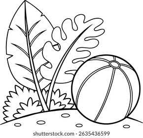 Coloring page illustration featuring a collard green leaf design paired with a beach ball, suitable for creative activities.