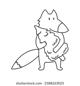 A coloring page illustration of a fox holding a small Christmas tree. Black and white forest animal.