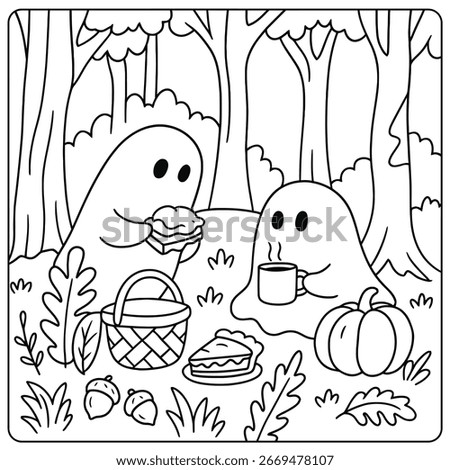 a coloring page illustration of ghosts having a picnic in the woods with food and fall foliage.
