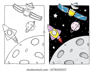 Coloring Page Illustration of Outer Space, Moon and Planet 