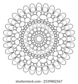 A coloring page illustration of a round shape flower mandala 