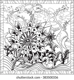 Coloring Page Illustration in Square Format for Adults, Floral Design