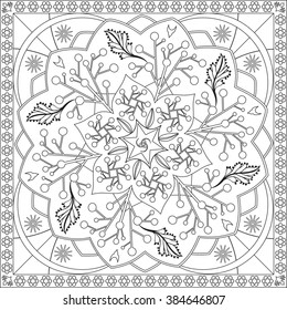 Coloring Page Illustration in Square Format for Adults, Floral Design