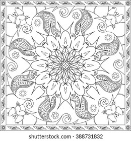 Coloring Page Illustration in Square Format for Adults, Mandala, Flower and Foliage Design