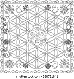 Coloring Page Illustration in Square Format for Adults, Flower of Life and Mandala Design