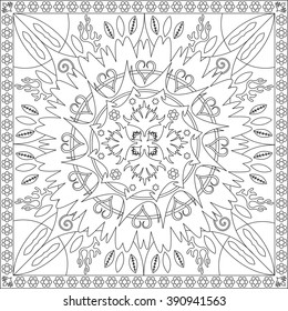 Coloring Page Illustration in Square Format for Adults, Mandala Floral Style Design