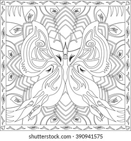 Coloring Page Illustration in Square Format for Adults, Butterfly, Mandala and Foliage Design