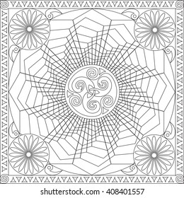 Coloring Page Illustration in Square Format for Adults, Geometric Flower Mandala Design