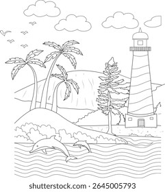 Coloring page illustration of a tropical coastal landscape with a lighthouse, palm trees, ocean with dolphins, birds, and mountains.
