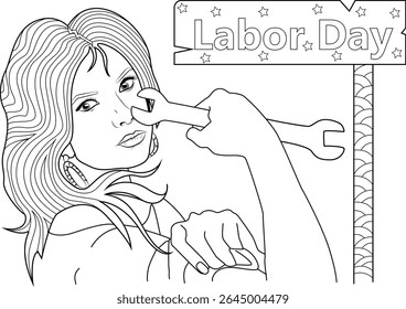 Coloring page illustration of a woman holding a wrench with a Labor Day sign, celebrating workers and empowerment.