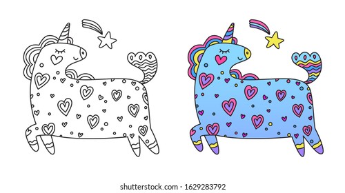 Coloring page illustration woth a sample. Happy cartoon unicorn with hearts on it's body and make a wish star.