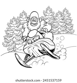 Coloring page illustration of Yeti ride Snowmobile