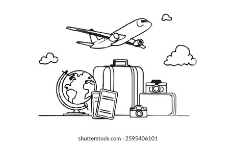 Coloring page with the image of Airport travel with luggage and airplane in the background