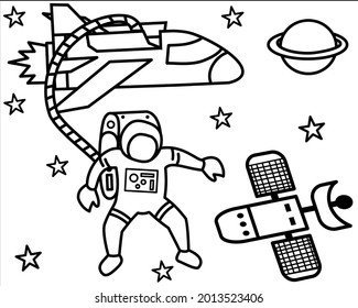 Coloring page. Coloring image of astronaut. Childish design for kids activity coloring book about universe.