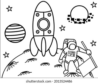 Coloring page. Coloring image of astronaut. Childish design for kids activity coloring book about universe.