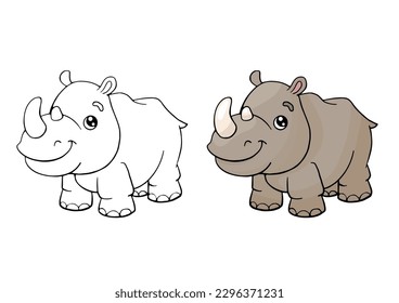 Coloring page with the image of a cute rhinoceros. Children's color draw book and activity game. Educational creative task for kids.