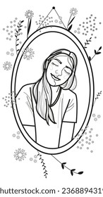 Página coloreada con la imagen de una linda sonriente con los ojos cerrados en una foto en un marco abierto con flores