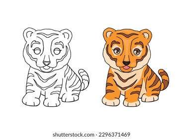 Coloring page with the image of a cute tiger. Children's colouring book and activity game. Educational creative task for kids.