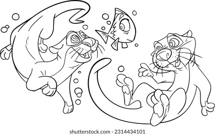 Coloring page with the image of cutes otter. Children's color draw book and activity game. Vector otter sheet icon.