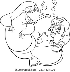 Coloring page with the image of cutes Platypus. Children's color draw book and activity game. Vector Platypus sheet icon.