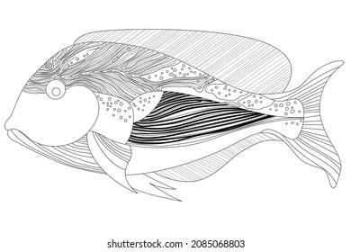 Coloring page with an image of an exotic fish with a striped pattern.