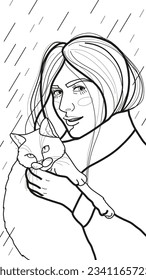 Coloring page with the image of a girl holding her pet cat in her arms