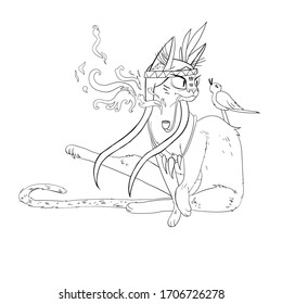 coloring page with the image of a Native American indian cat with a pipe in his mouth looking at a singing bird vector isolated on a white background