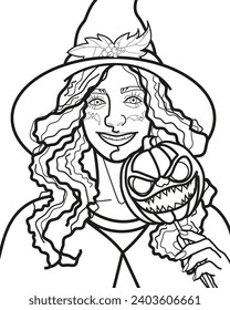 Coloring page with the image of a smiling girl with blonde curly hair in a witch costume for Halloween holding an evil pumpkin mask in her hand