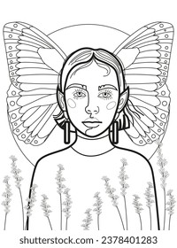 Coloring page with the image of a young elf girl with butterfly wings on the background of a large moon, surrounded by wildflowers