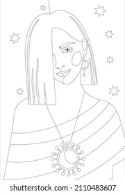 Coloring page with the image of a young girl with loose hair