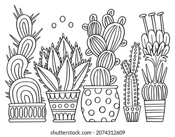 Cactus interiores de la página de color. Flores en macetas al estilo de doodle. Plantas domésticas. Ilustración vectorial de línea dibujada a mano. Libro de colorido sobre la terapia artística.