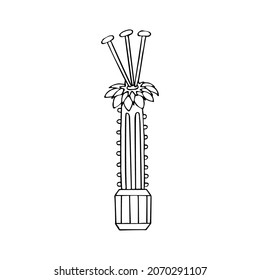 Coloring page of indoor cactus. Doodle style potted flower. Home plant. Hand drawn line art vector illustration. Isolated element. Coloring book for children and adults.