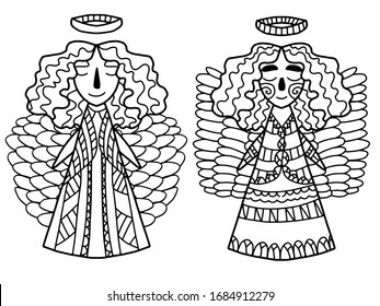 Coloring page for indoor pastime for kidds and adults. Christian heaven characters stock vector illustration. Cartoon detailed elegance coloring book page of two happy guardian angels who flying.