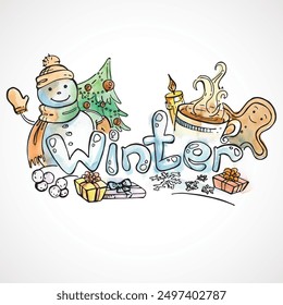 Inscripción para colorear invierno, estilo de acuarela de Vector. Ilustración vectorial