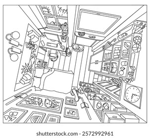 Colorindo página. Interior do quarto de um adolescente de cima com móveis e objetos de casa. Quarto acolhedor para crianças. Ilustração de vetor de esboço linear.