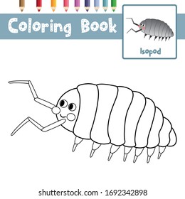 Coloring page of Isopod animal cartoon character for preschool kids activity educational worksheet. Vector Illustration.