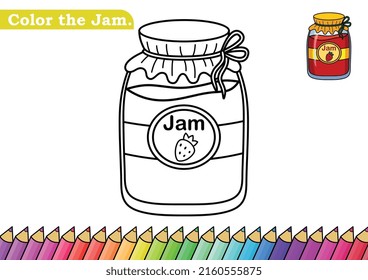 Coloring page for Jam vector illustration. 
Kindergarten children Coloring pages activity worksheet with Tasty Jam cartoon. 
Jam isolated on white background for color books.