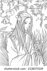 
Coloring page of japanese samurai warrior with flowers on the background. Freehand sketch drawing for adult antistress coloring book in zen-tangle style