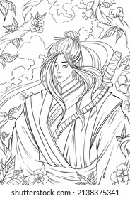 
Coloring page of japanese samurai warrior with flowers on the background. Freehand sketch drawing for adult antistress coloring book in zen-tangle style