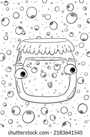 Coloring page with a jar of jam and flying berries in doodle style. Funny cartoon illustration for bakery, cafe, restaurant