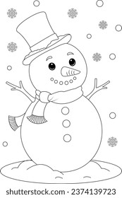 Coloring page a jolly snowman with a top hat and a carrot nose.